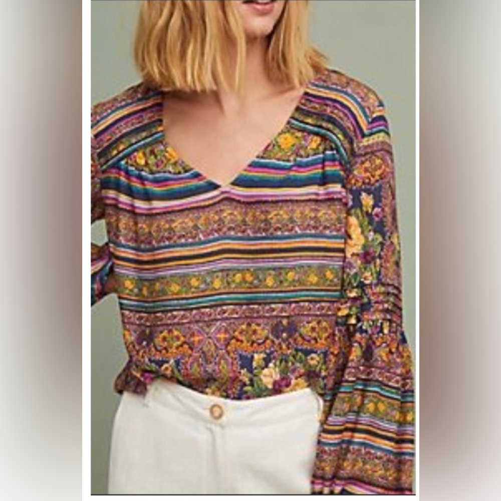 Anthropologie Maeve Ceresco Peasant Top Small Floral Stripe Bell Sleeve Boho